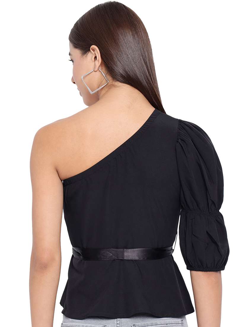 women solid single shoulder asymmetric top - 21898926 -  Standard Image - 3