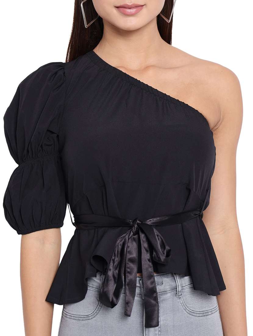 women solid single shoulder asymmetric top - 21898926 -  Standard Image - 5