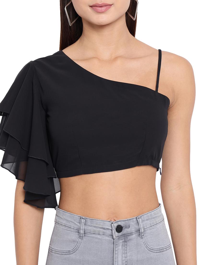 women solid single shoulder crop top - 21898931 - Standard Image - 5