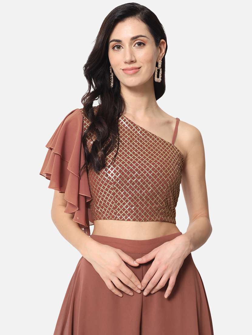 women embellished single shoulder crop top