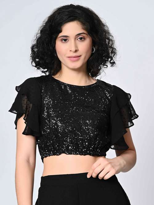 women sequined ruffle sleeves crop top - 21898939 -  Standard Image - 0
