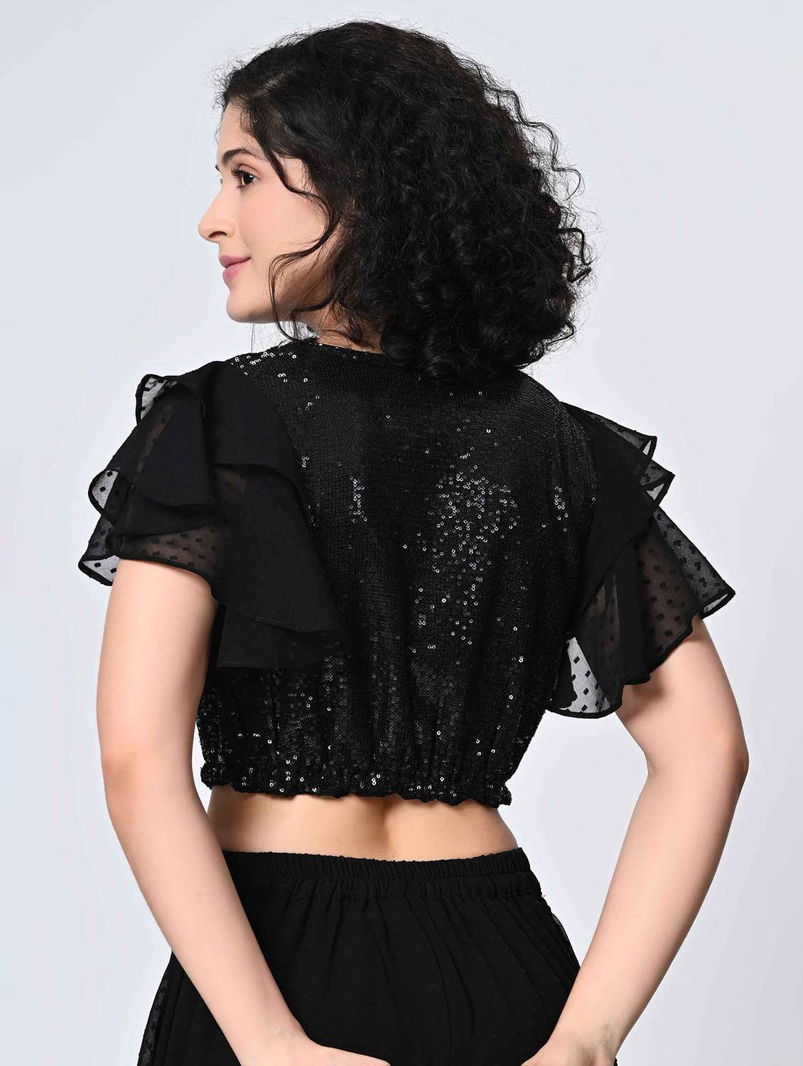 women sequined ruffle sleeves crop top - 21898939 - Standard Image - 3