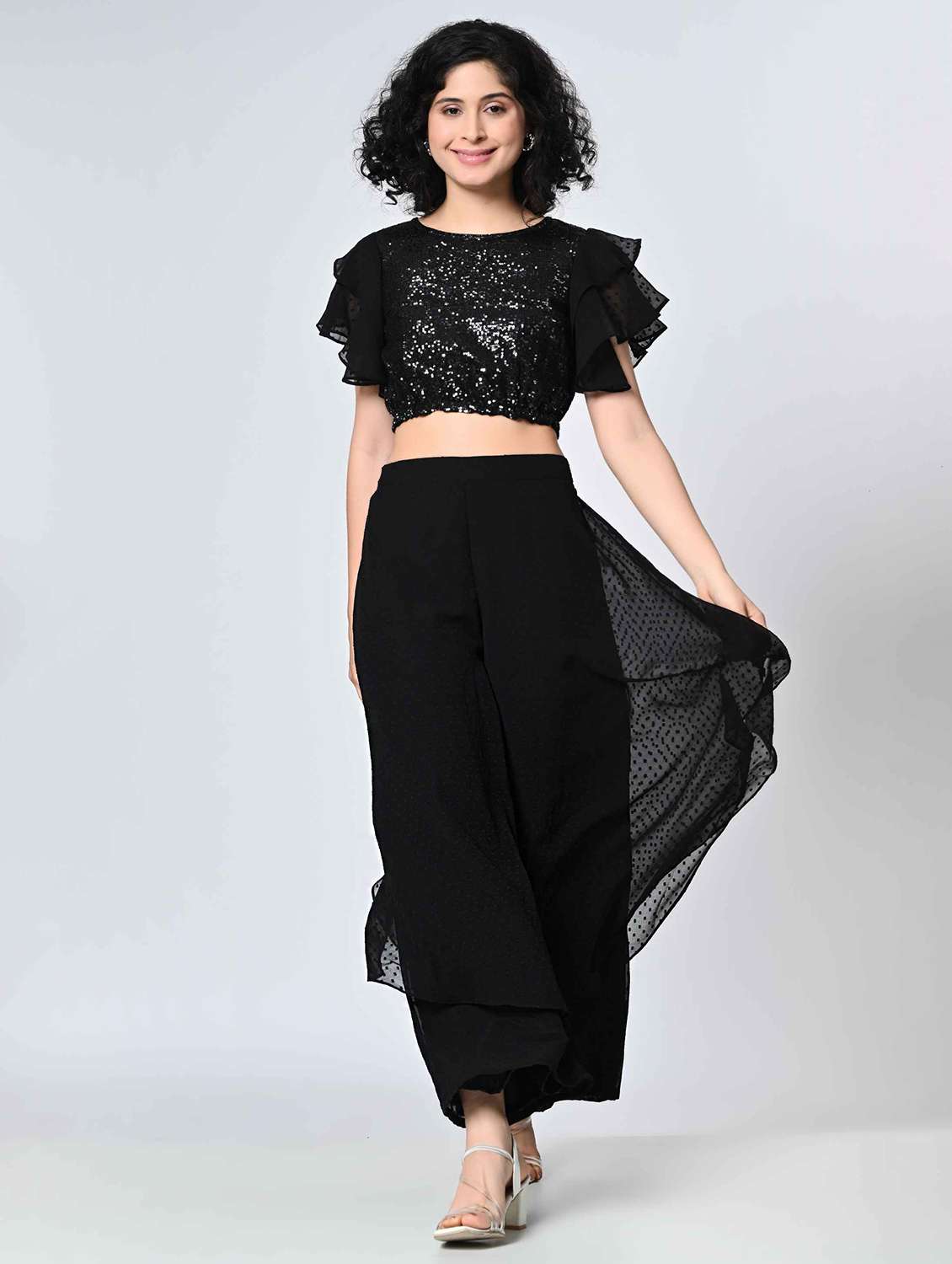 women sequined ruffle sleeves crop top - 21898939 - Standard Image - 5