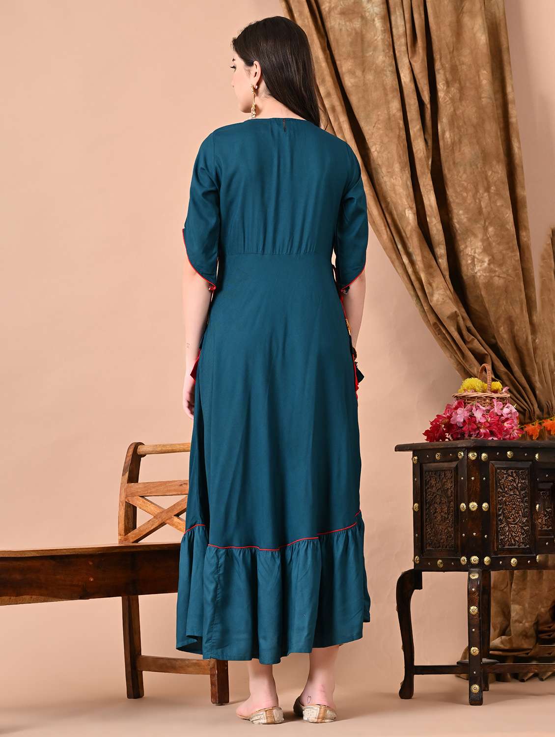 Women Embroidered Short Sleeve Tiered Ethnic Dress