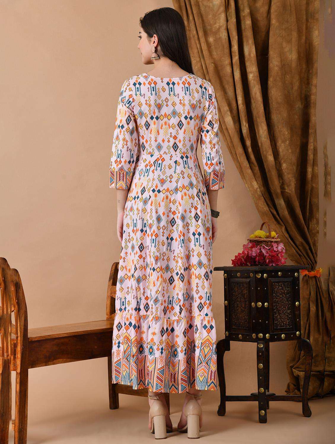 women printed three quarter sleeve ethnic dress - 21899000 -  Standard Image - 3
