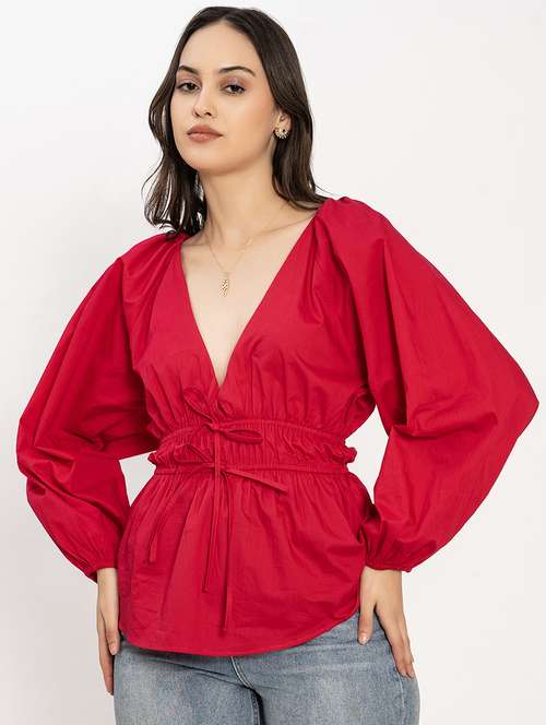 women solid puff sleeves peplum top - 21899013 - Standard Image - 0