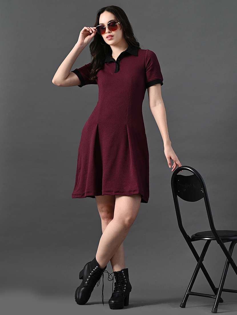 women solid short sleeves collared a-line dress