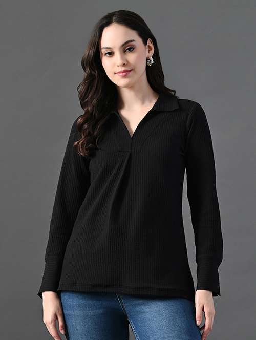 women solid collared long sleeves top - 21899178 - Standard Image - 0