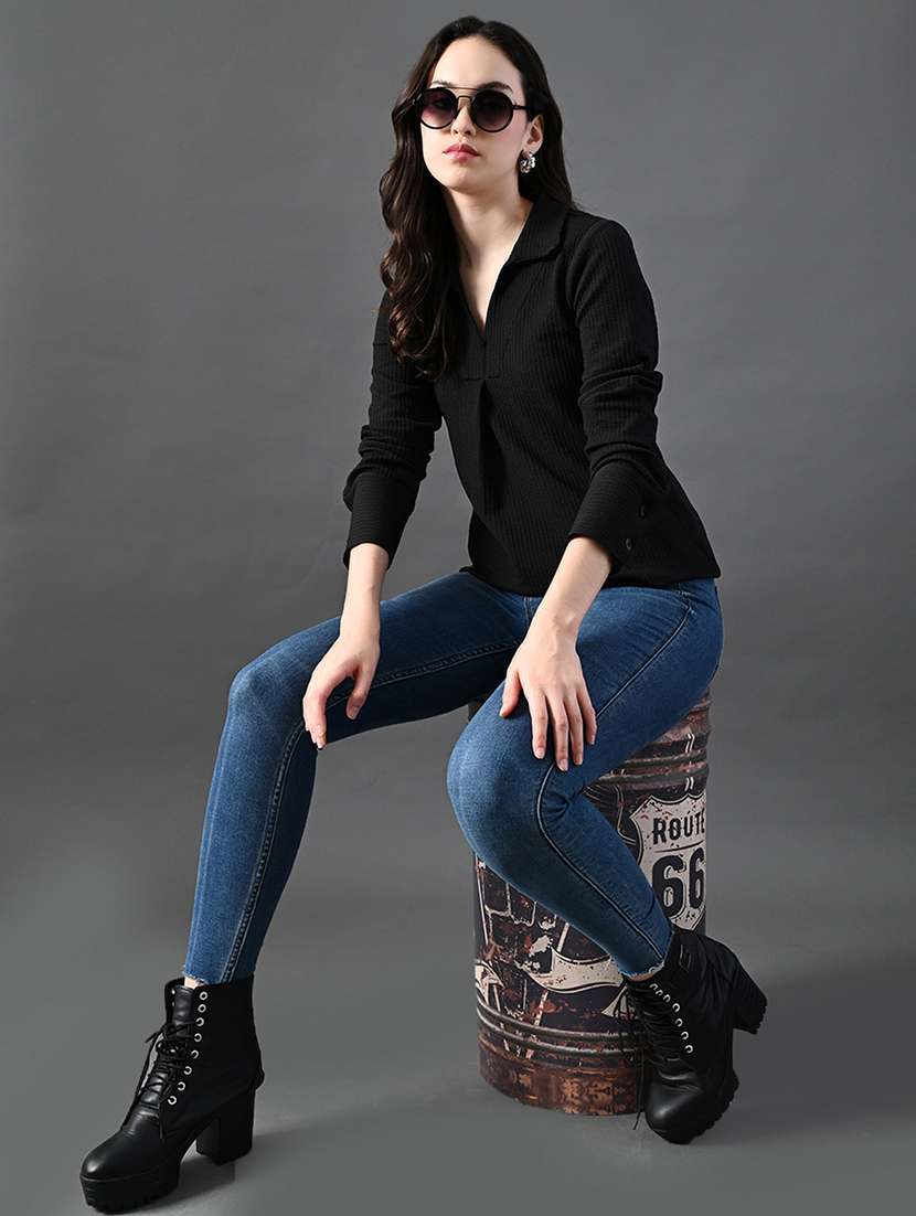 women solid collared long sleeves top - 21899178 - Standard Image - 3