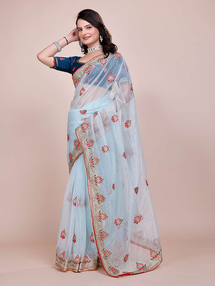 women light blue embroidered saree with blouse - 21899290 -  Standard Image - 3