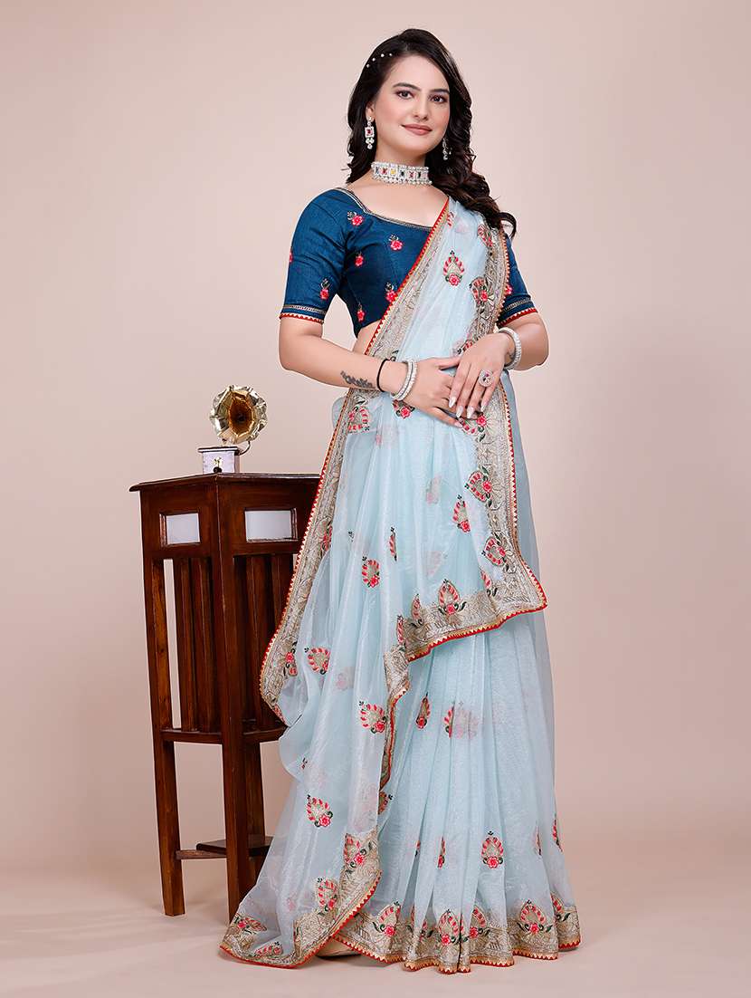 women light blue embroidered saree with blouse - 21899290 -  Standard Image - 5