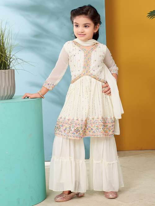 Girls Embroidered Kurta And Sharara With Dupatta 