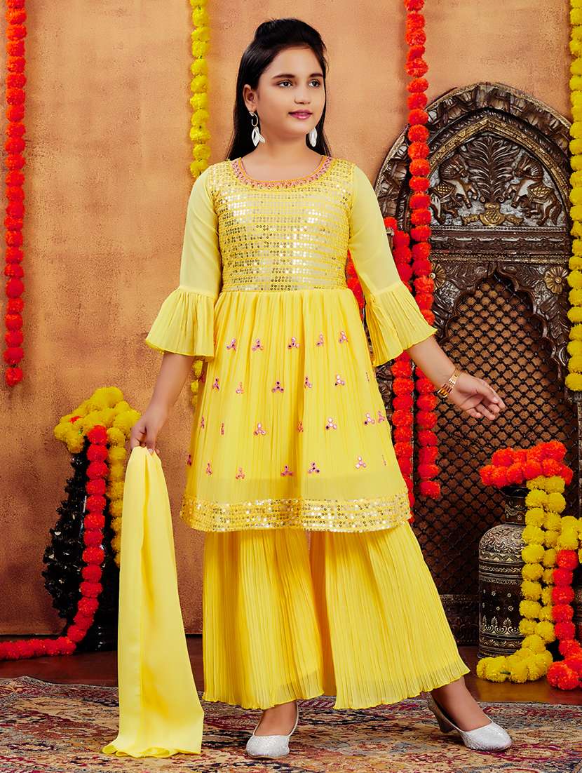 girls embellished kurta and sharara with dupatta  