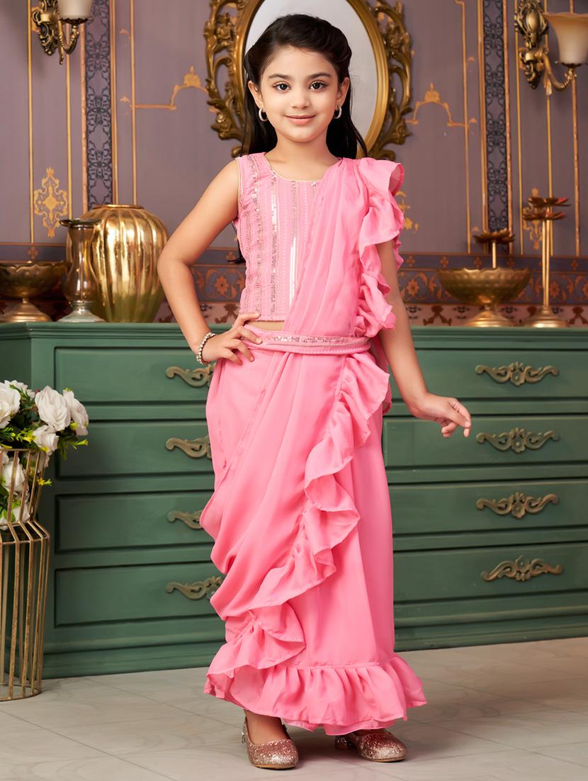 girls solid ready to wear saree with embellished blouse - 21901093 - Zoom Image - 0