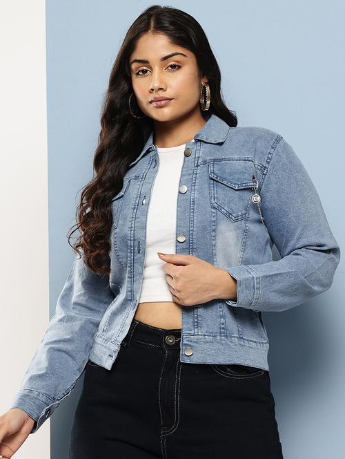 women solid long sleeves denim jacket - 21901180 - Standard Image - 0