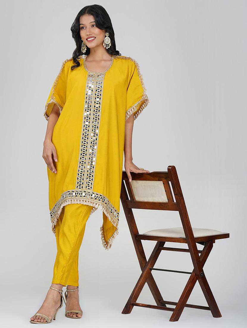 women yellow kimono sleeve kaftan kurta pant set