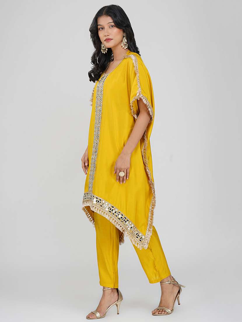women yellow kimono sleeve kaftan kurta pant set - 21901377 -  Standard Image - 3