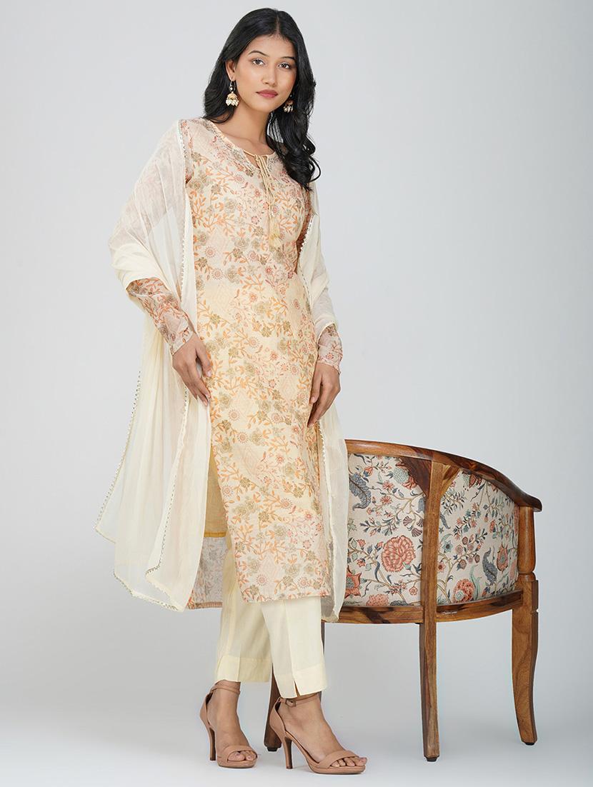 women beige long sleeve kurta pant with dupatta set