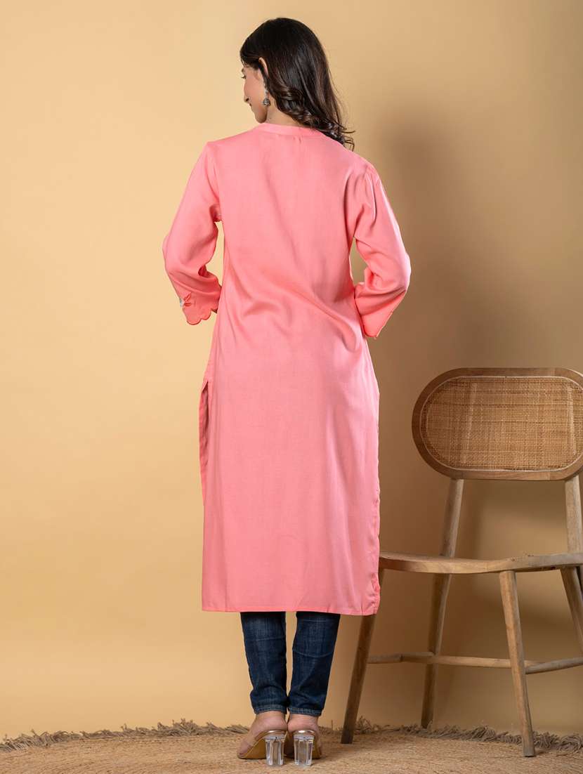 women embroidered three quarter sleeve straight kurta - 21901388 -  Standard Image - 3