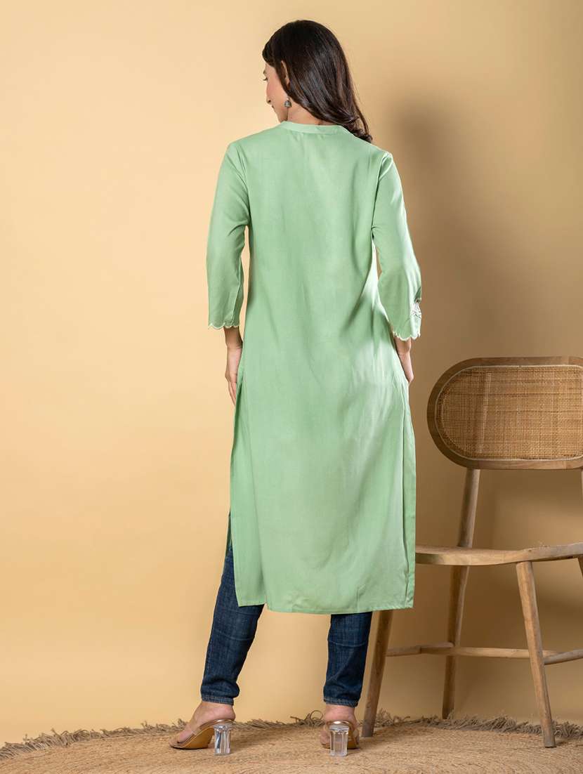 women embroidered three quarter sleeve straight kurta - 21901389 -  Standard Image - 3