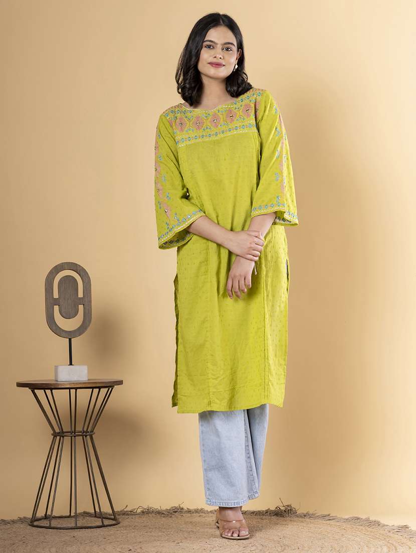 women embroidered three quarter sleeve straight kurta