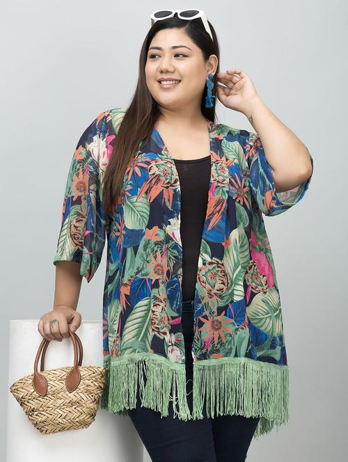 women plus size floral printed fringed hem shrug - 21901584 -  Standard Image - 0