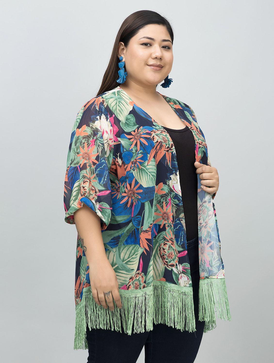 women plus size floral printed fringed hem shrug - 21901584 - Standard Image - 3