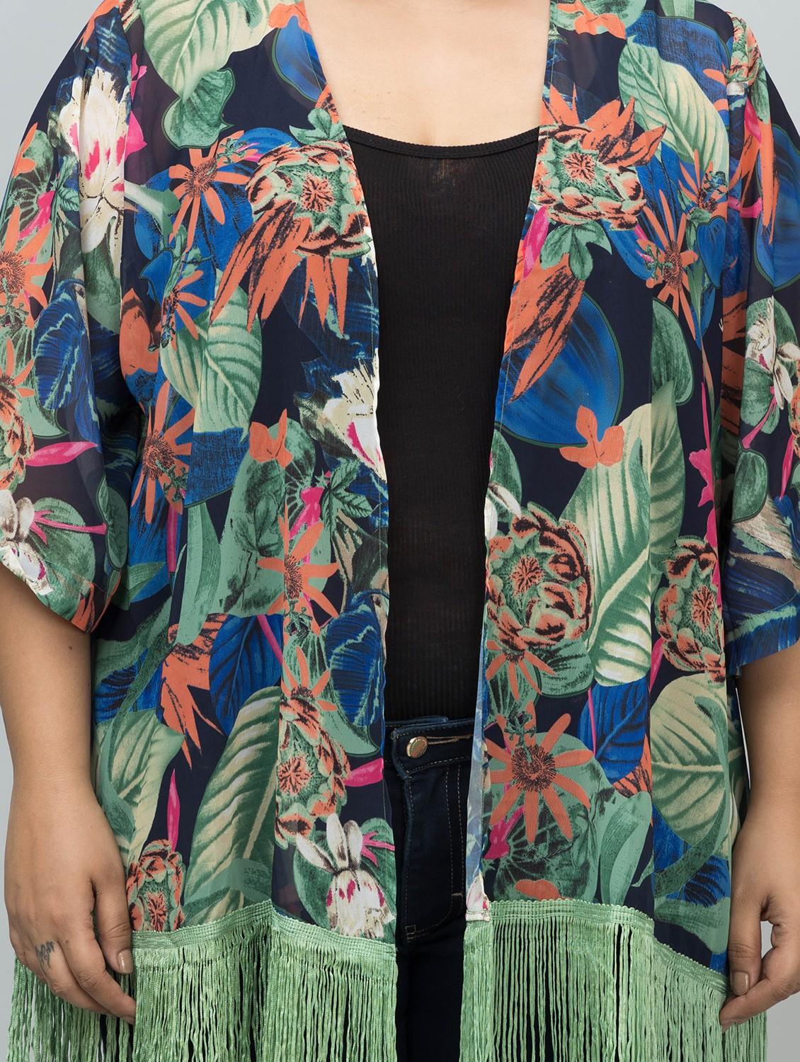 women plus size floral printed fringed hem shrug - 21901584 - Standard Image - 5