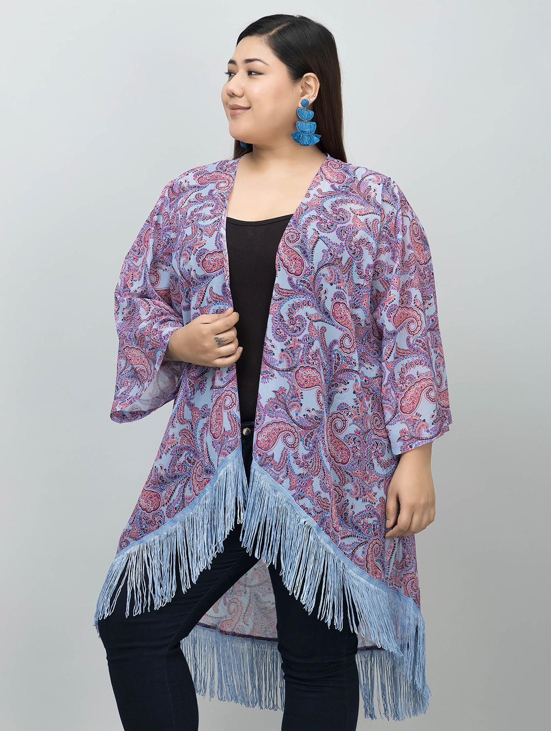 women plus size printed fringed hem shrug - 21901587 - Standard Image - 3