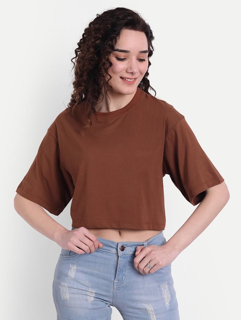 women solid short sleeves crop t-shirt - 21903533 - Zoom Image - 0