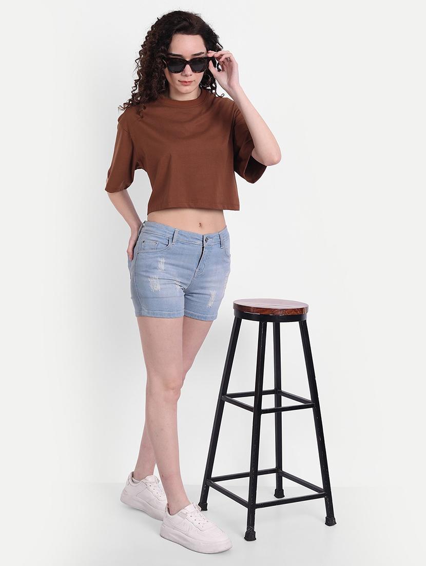 women solid short sleeves crop t-shirt - 21903533 - Standard Image - 3