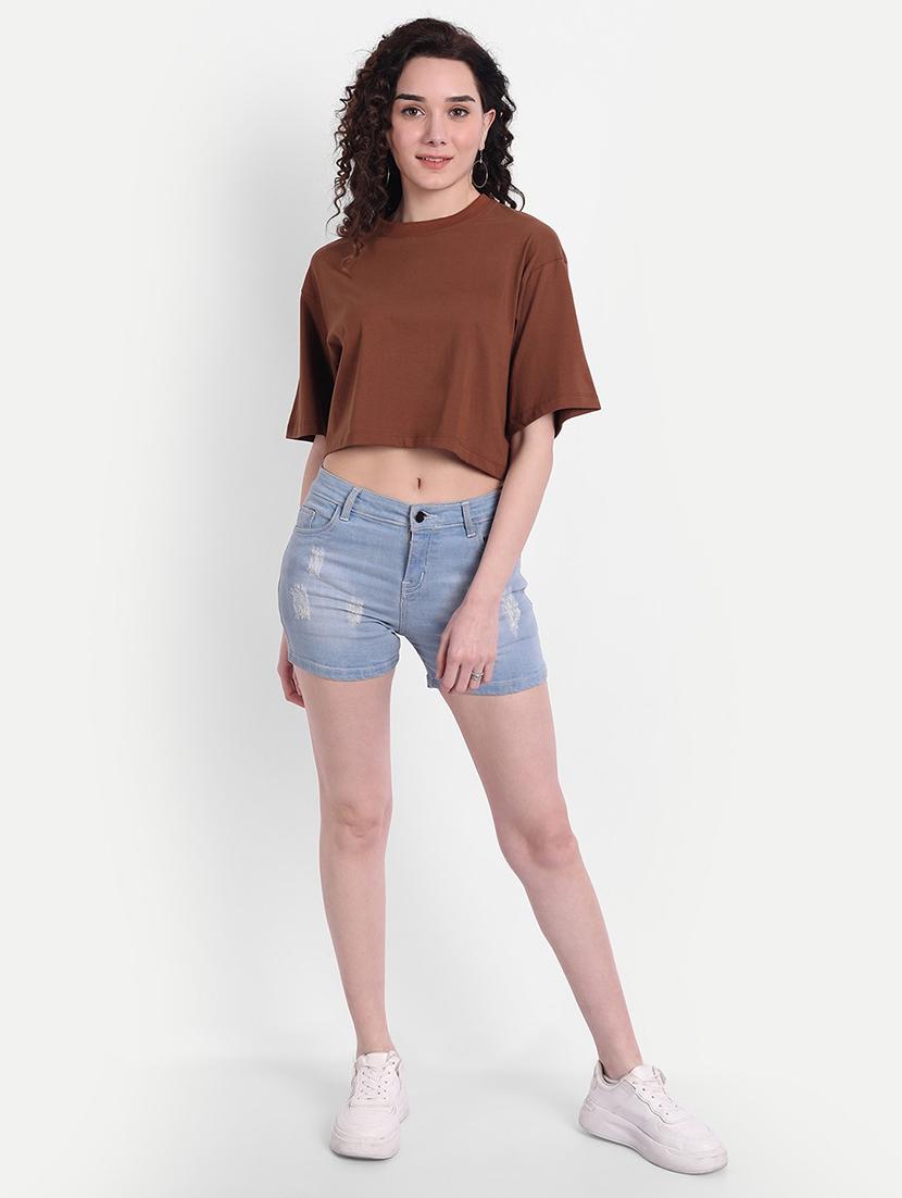 women solid short sleeves crop t-shirt - 21903533 - Standard Image - 5