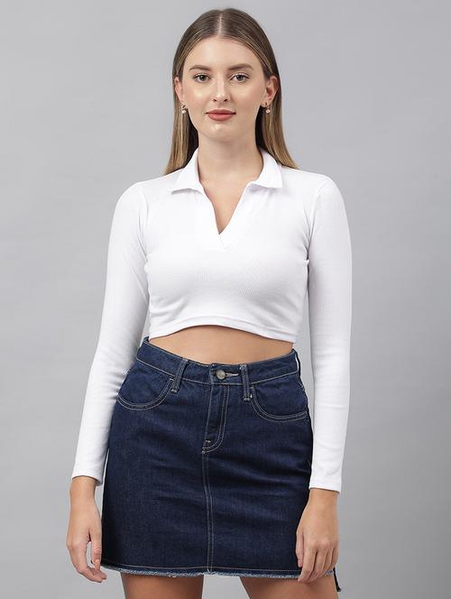 women solid collared long sleeves crop top - 21903549 - Standard Image - 0