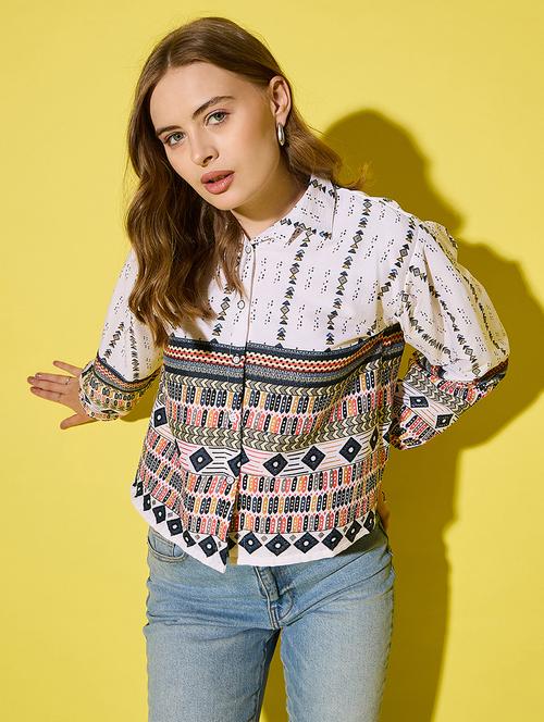 womenn printed collared puff sleeve regular shirt - 21904443 - Standard Image - 0