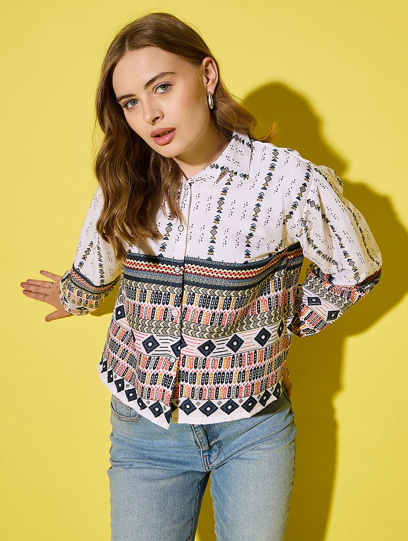 womenn printed collared puff sleeve regular shirt - 21904443 - Zoom Image - 0