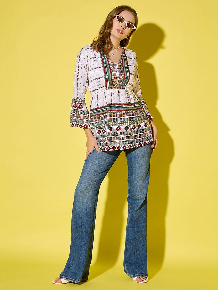 womenn printed bell sleeve flared top - 21904445 - Standard Image - 5