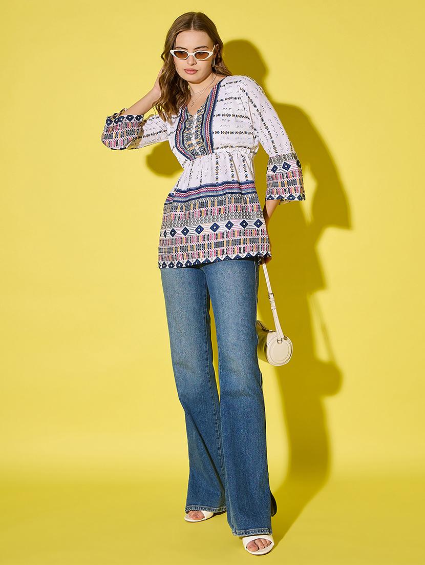 women printed bell sleeve flared top - 21904446 - Standard Image - 5