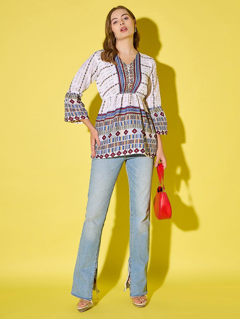 women printed bell sleeve flared top - 21904448 - Standard Image - 5