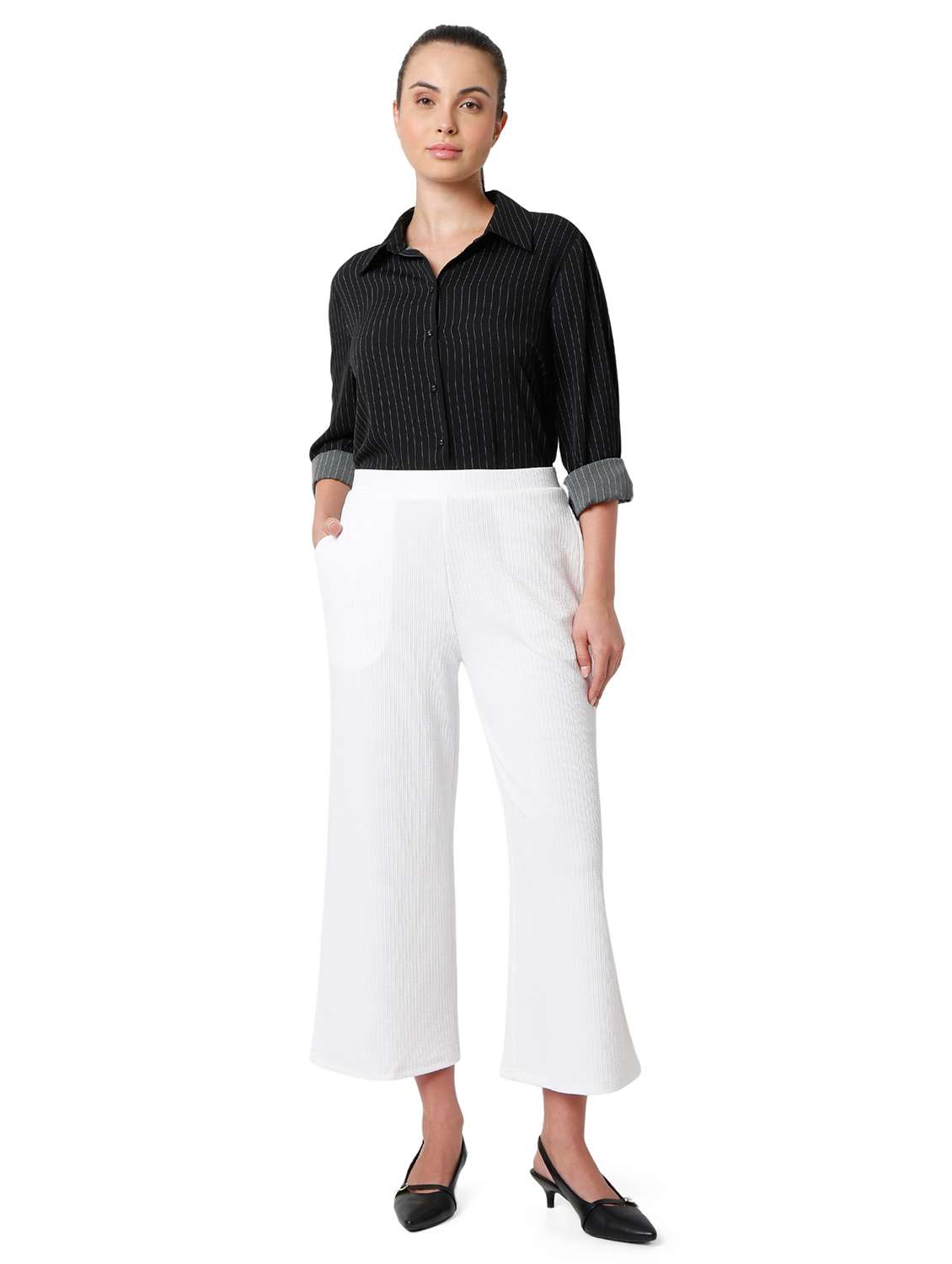 women solid mid rise wide leg trouser - 21905200 -  Standard Image - 5