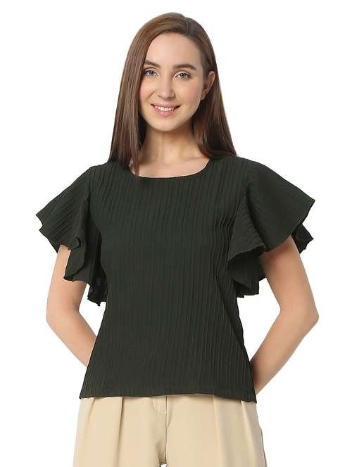 women solid ruffled sleeves regular top - 21905205 - Standard Image - 0