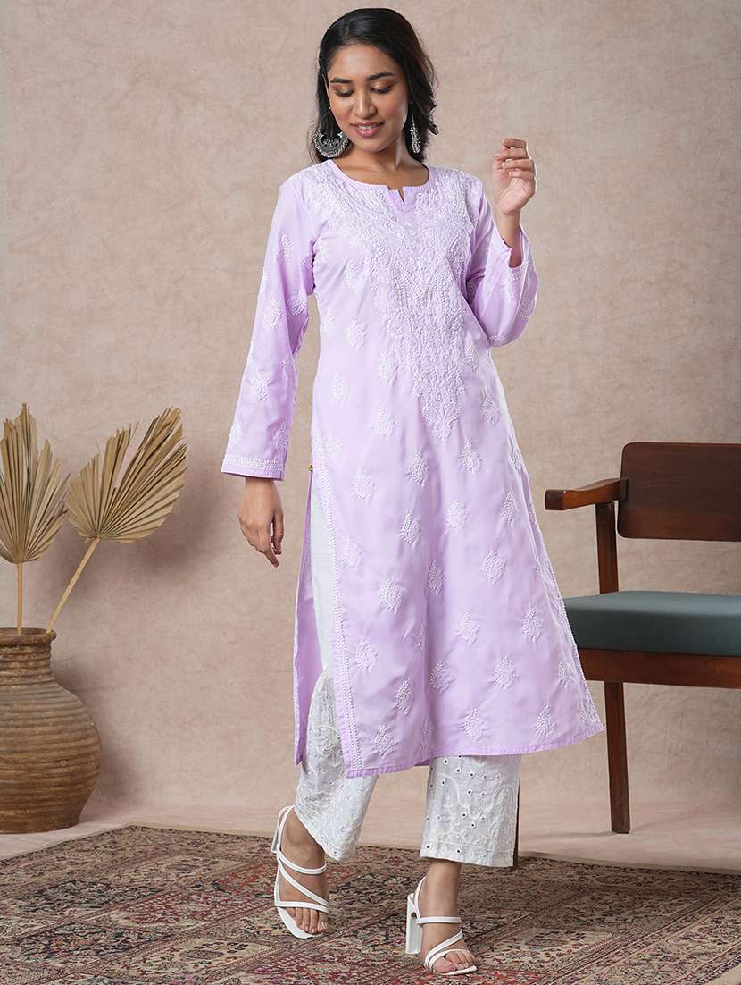 women long sleeve straight chikankari kurta - 21905302 -  Zoom Image - 0