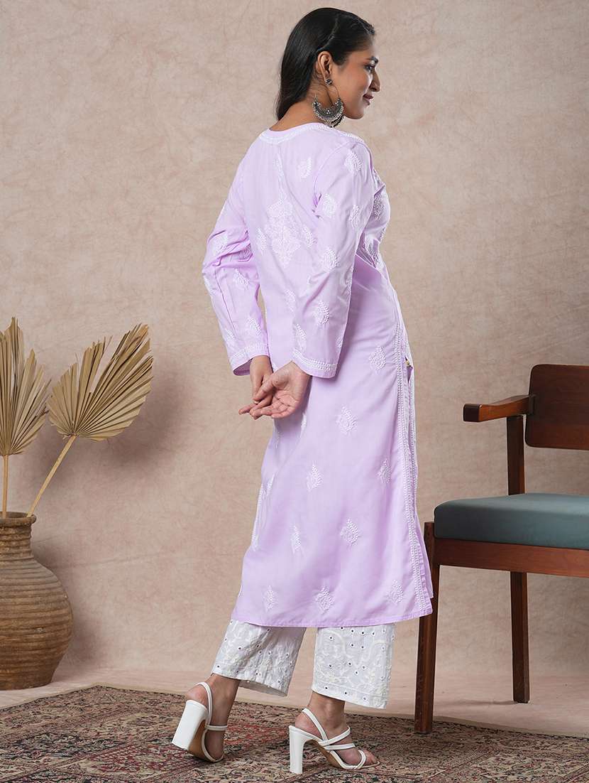 women long sleeve straight chikankari kurta - 21905302 - Standard Image - 3