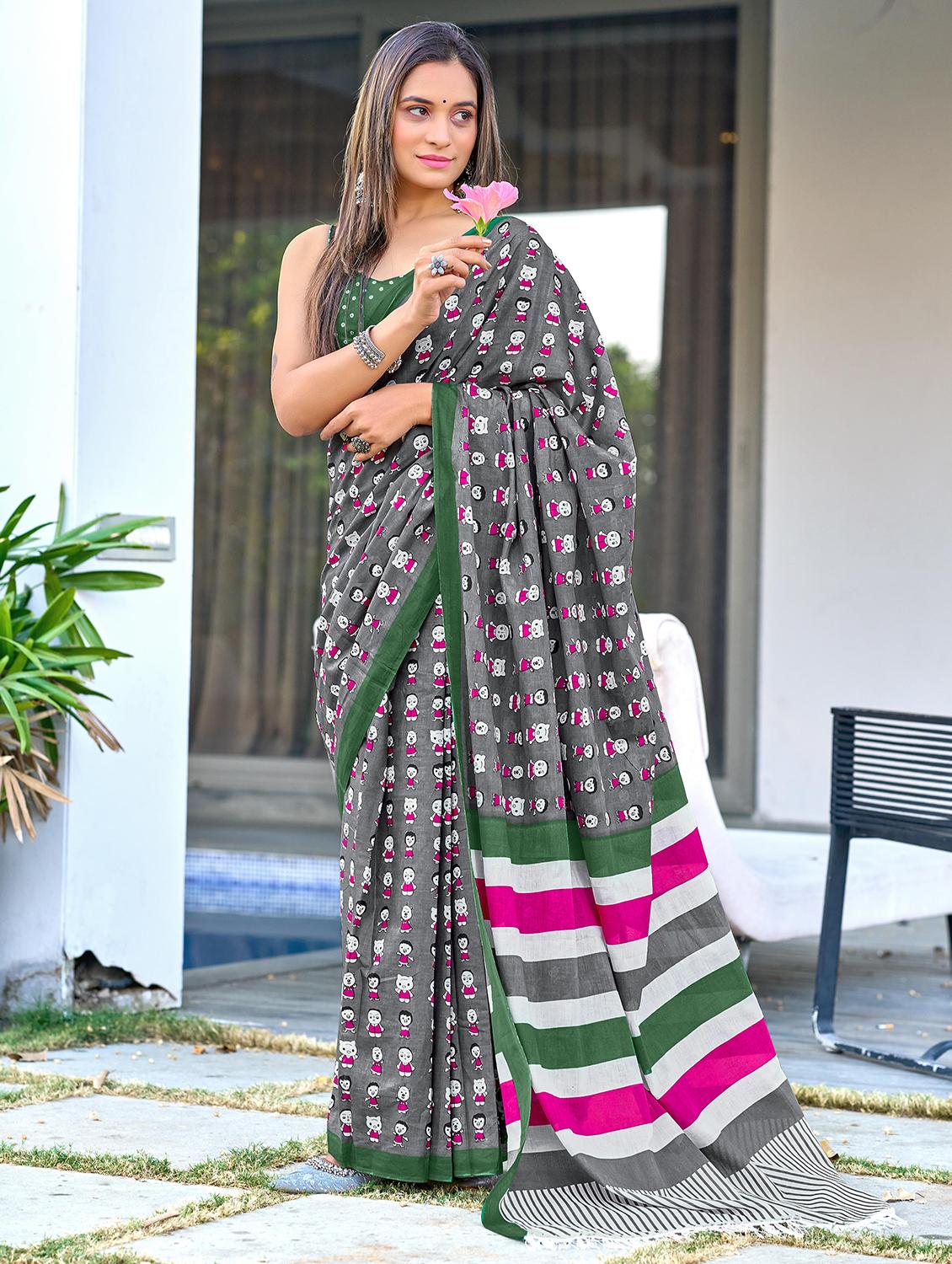 women grey printed saree with blouse - 21905323 - Zoom Image - 0