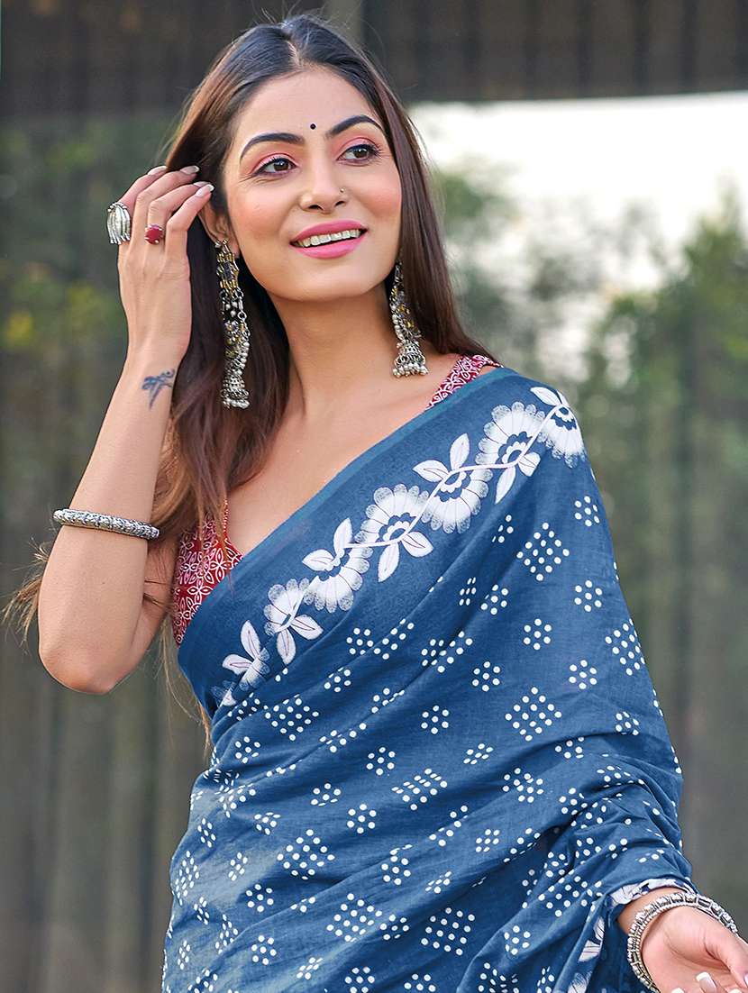 women blue printed saree with blouse - 21905325 -  Standard Image - 3