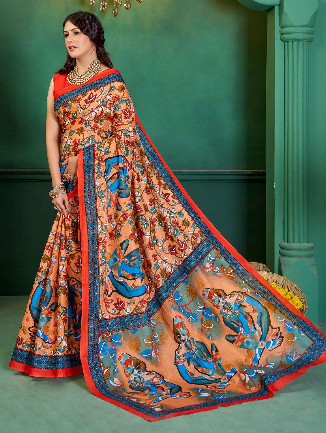 women kalamkari printed saree with blouse