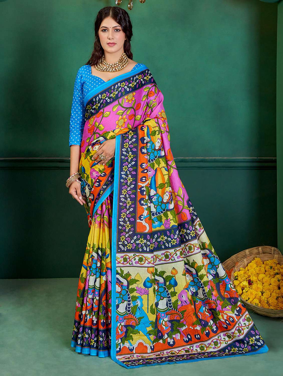 women kalamkari printed saree with blouse