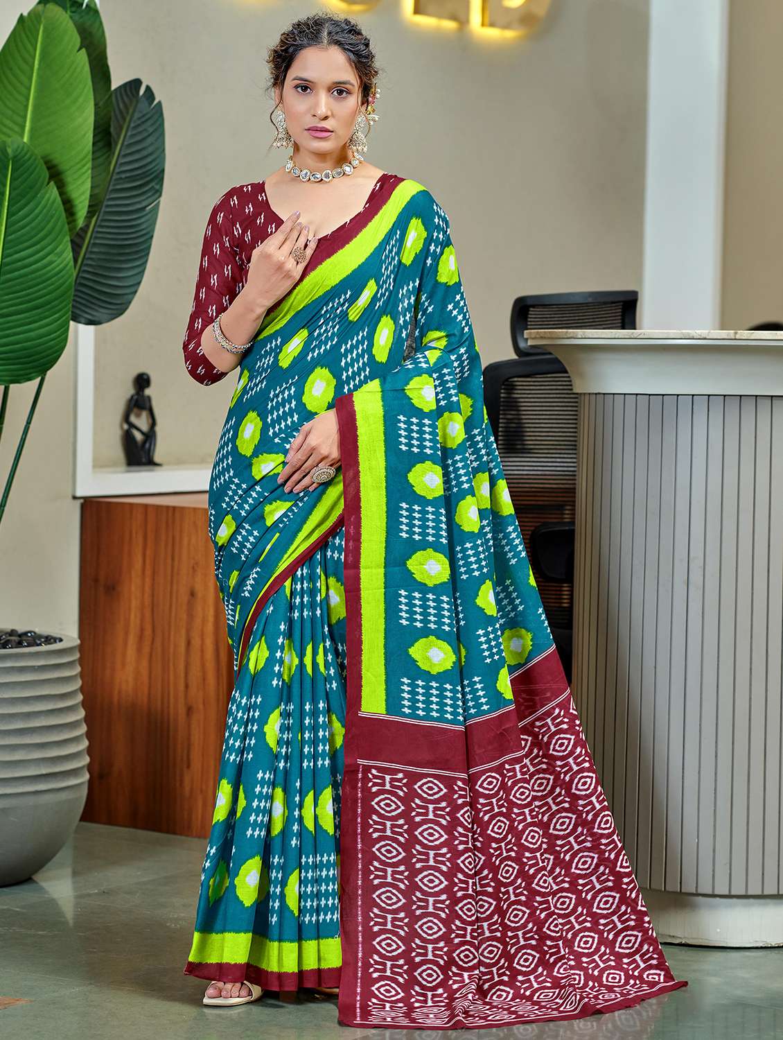 women ikat printed casual wear saree with blouse