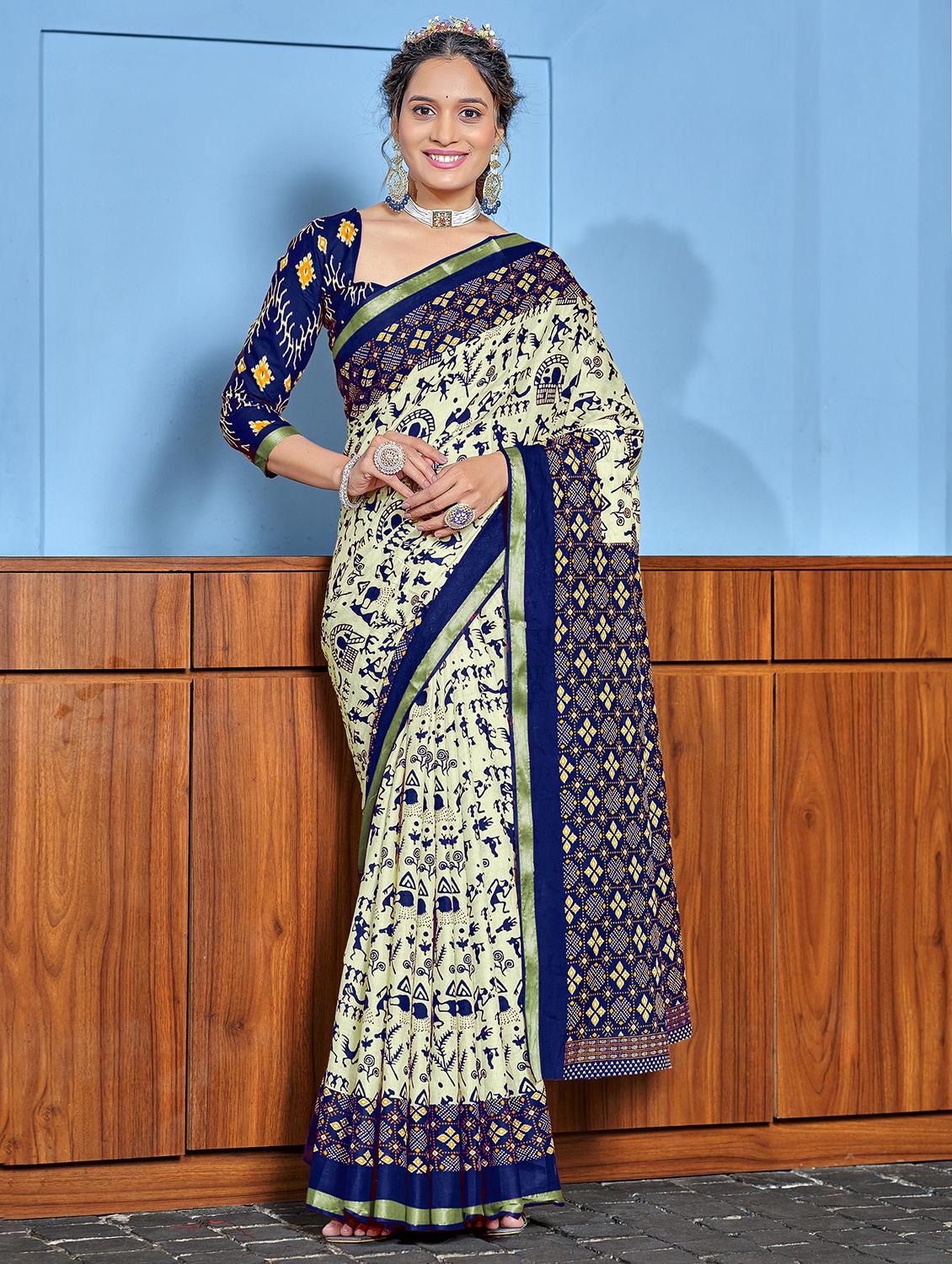 women blue printed saree with blouse