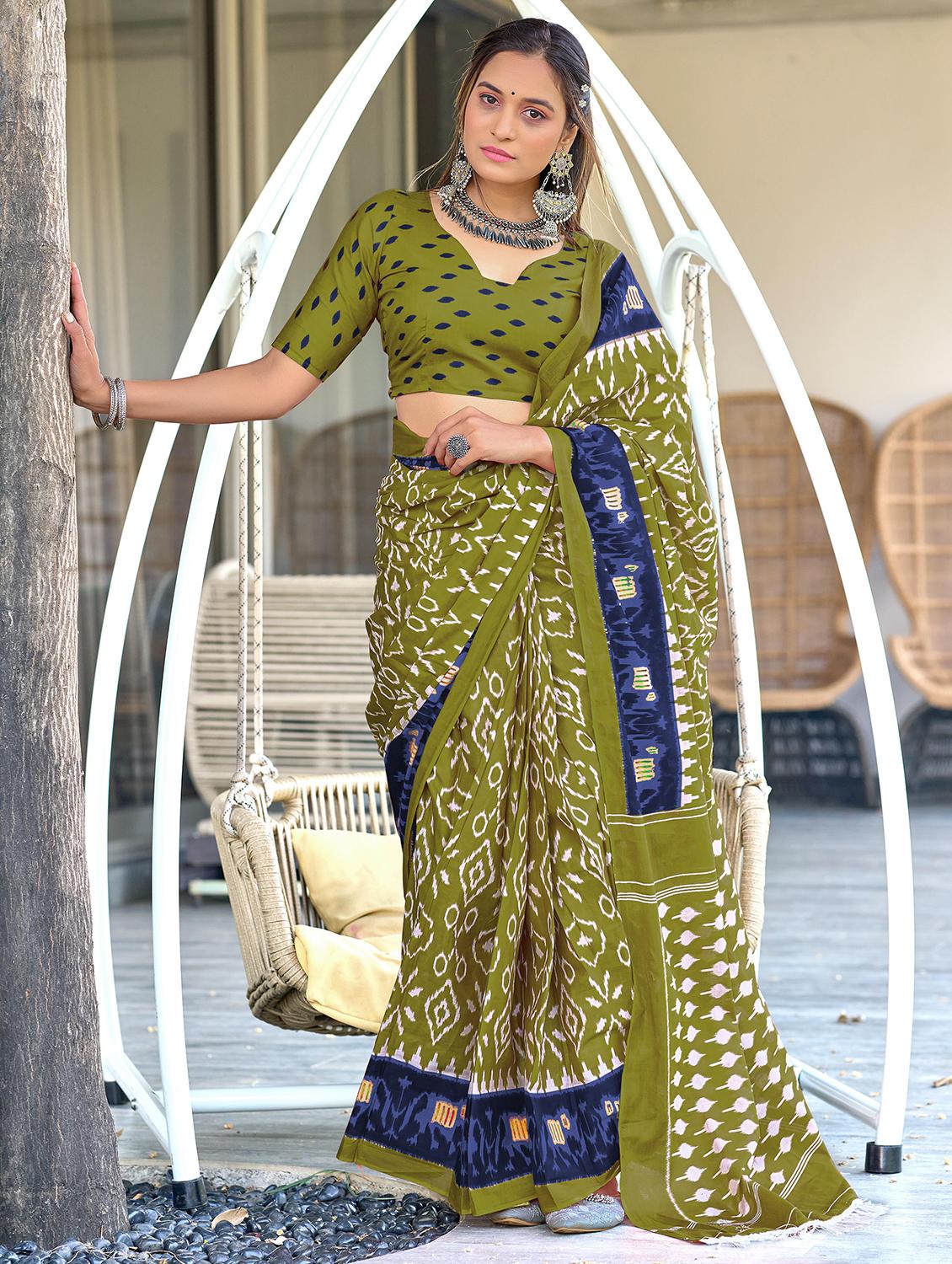 women green ikat printed saree with blouse