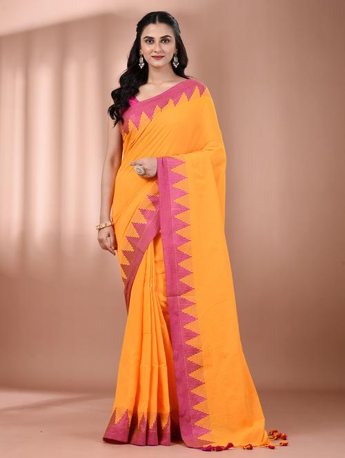 women solid with bordered handloom saree with blouse - 21905517 - Standard Image - 0
